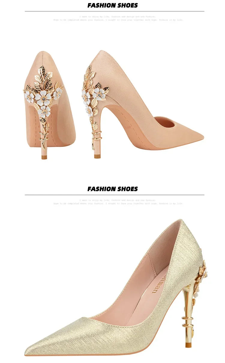High End Metal Flower High Heels New European American Fashion Luxury Sexy Pointed Women's Shoes Banquet Party Casual Shoes