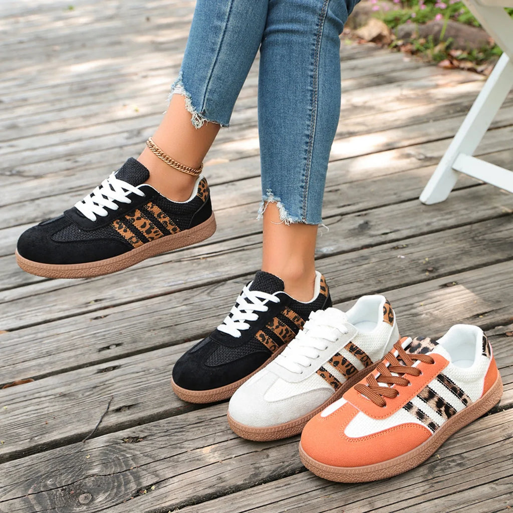 Women Sneakers 2026 New Fashion Leopard Striped Designer Shoes Lace Up Soft Soled Loafers Casual Comfortable Female Sneakers