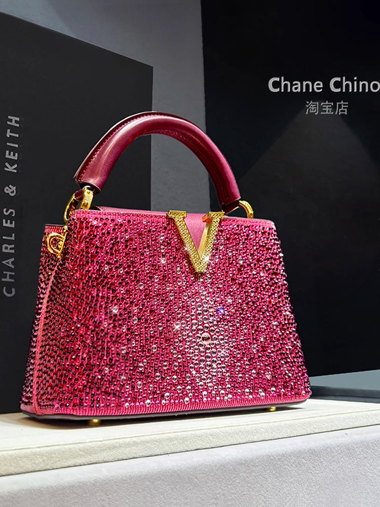 High Luxury Genuine Leather Diamonds Tote Women's Handbags 2025 Small Evening Bag V Letter Rhinestone Shoulder Crossbody Bags
