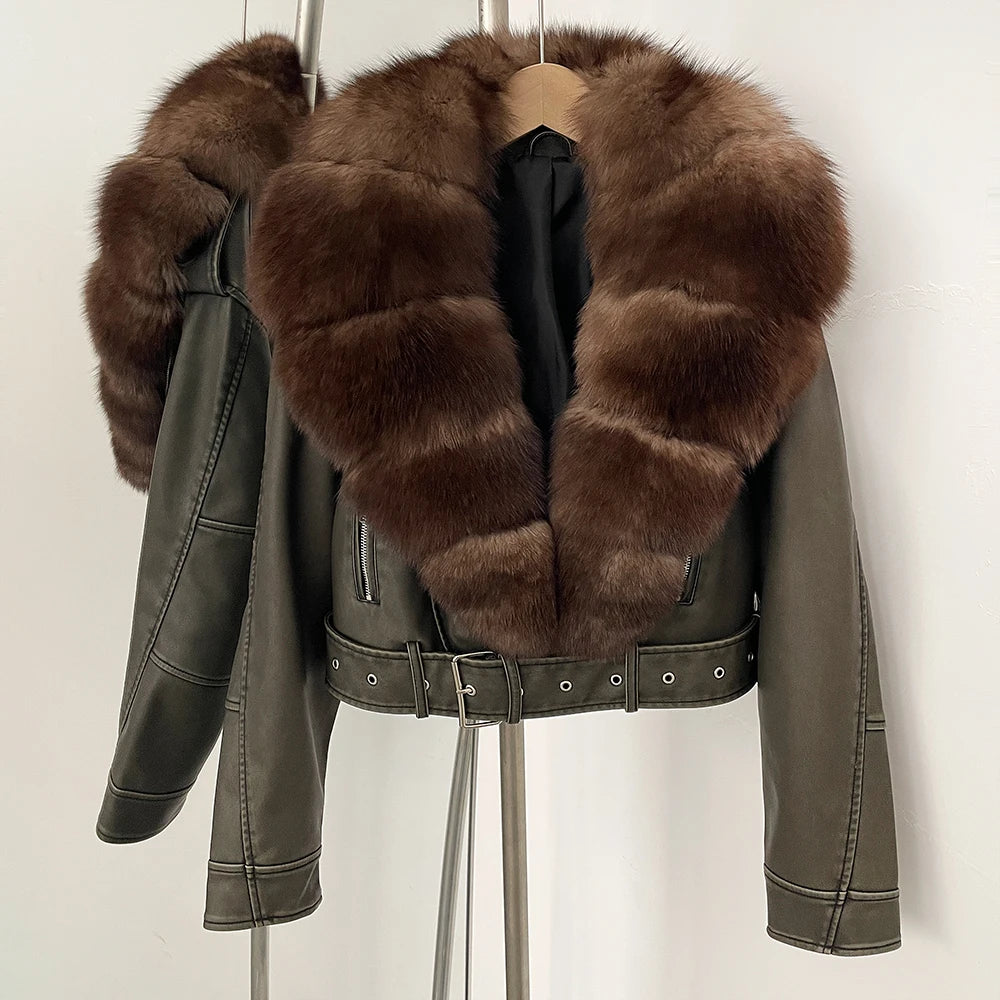Elegant Faux Leather Jacket Female New Natural Fox Fur Autumn Short Top Clothing PU Women Long Sleeve Fake Leather Real Fur Coat