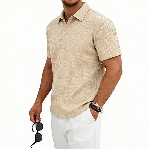 European and American Men's Casual Jacquard Shirt Men's Summer Solid Color Lapel Breathable Men's Short-Sleeved Shirt Top