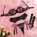 Fancy Floral Embroidery Lingerie Set Sexy Women Transparent Mesh Sheer Erotic Suit Metal Chain Bra Thong Garter Underwear Set