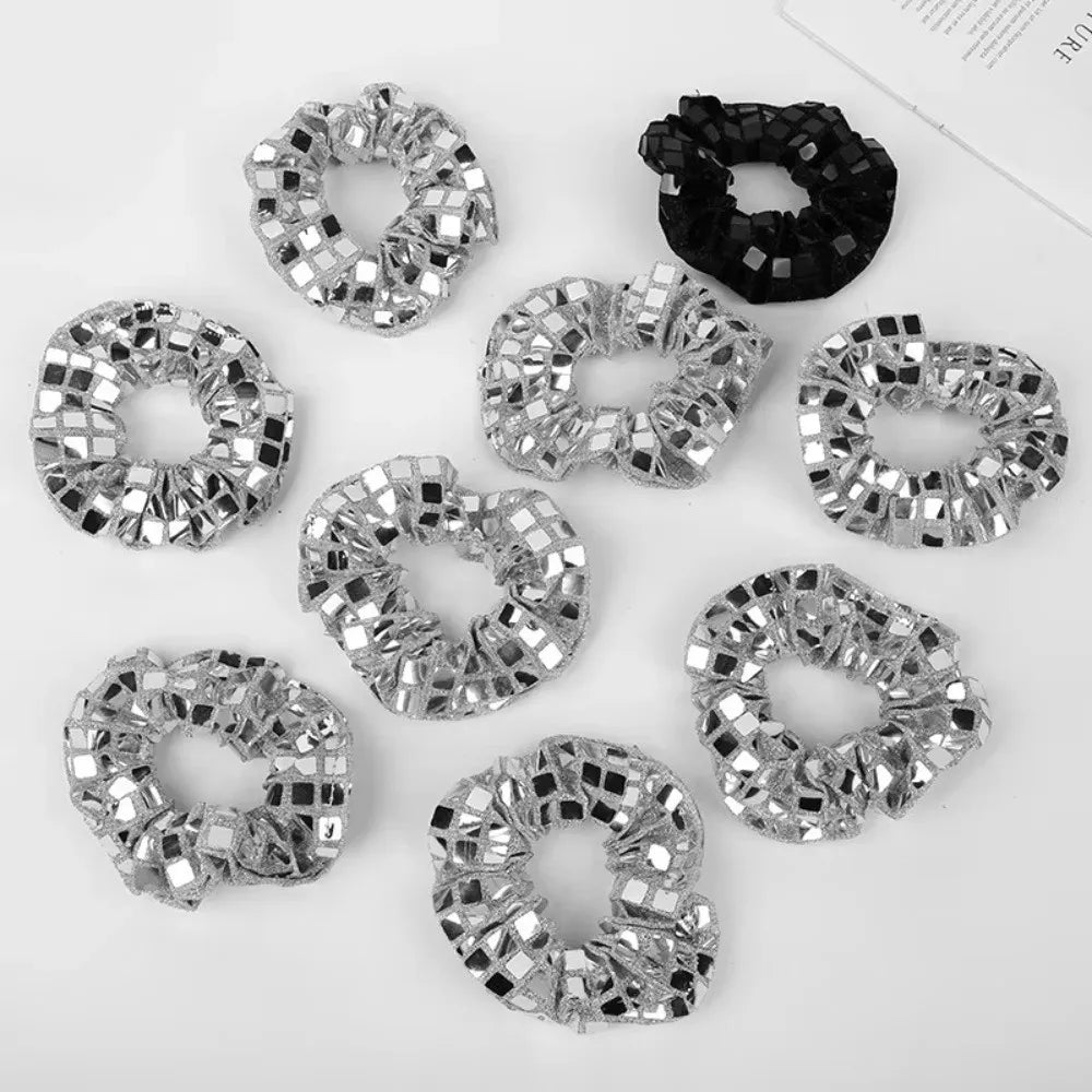 6pcs Square Sequin Sequin Hair Rope Retro Disco Pleated Design Rubber Bands Set Ponytail Holder Super Shiny