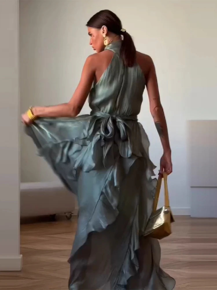 Elegant Halter Neck Satin Maxi Dresses For Women Ruffle Hem Pleated Waist Formal Evening Gown 2026 Vacation Vestidos