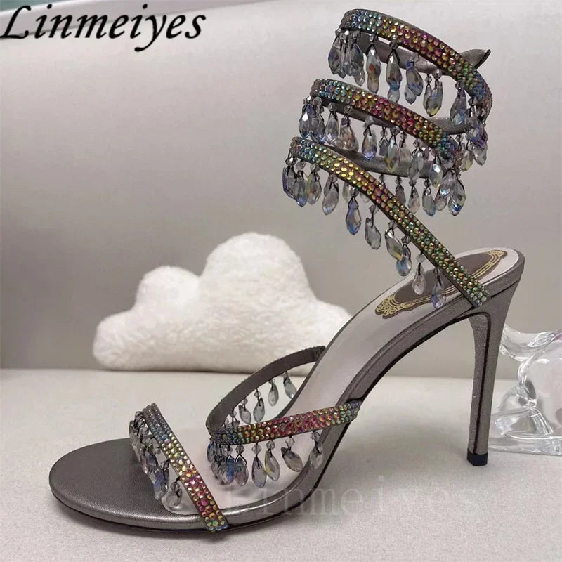 Summer High Heels Sandals Women Rhinestone String Bead Ankle Snake Twine Around Wedding Shoes Lady Gladiator Sandals Woman