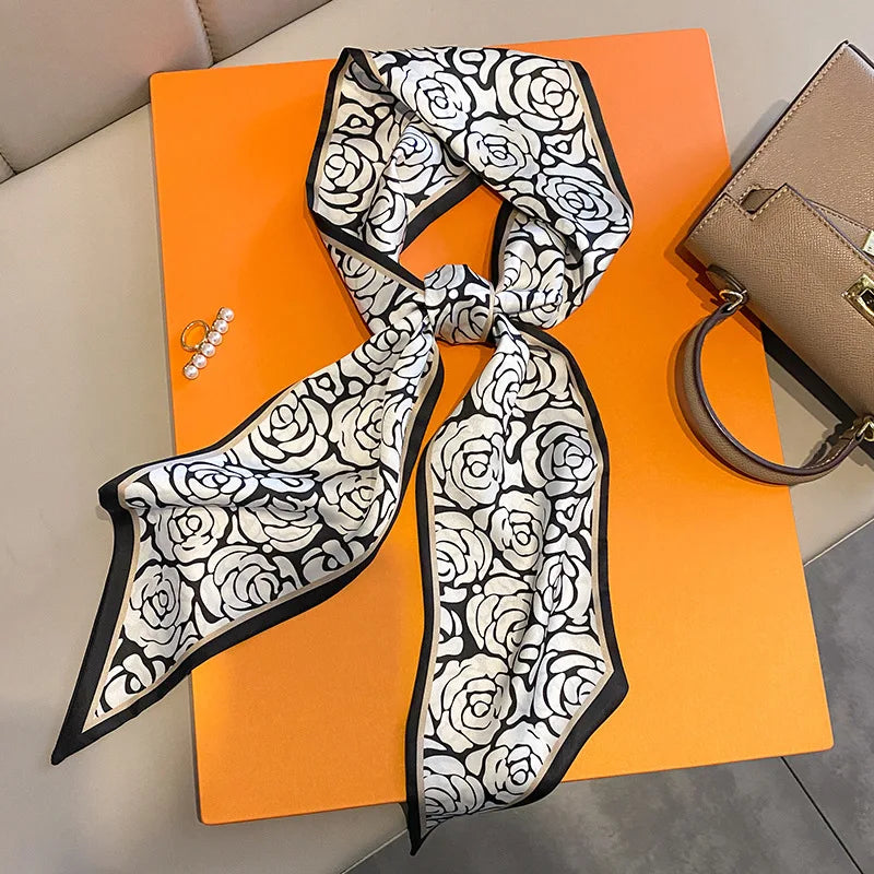 Fashion Blue Print Silk Scarf Women Soft Satin Horse Hairband Bevel Neckerchief Office Hijab Headband Foulard Bag Ribbons Gift