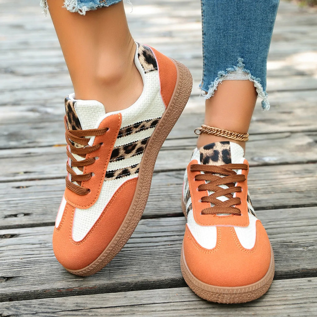 Women Sneakers 2026 New Fashion Leopard Striped Designer Shoes Lace Up Soft Soled Loafers Casual Comfortable Female Sneakers