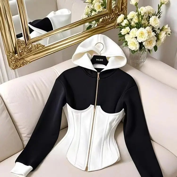 French Elegance White Black Patchwork Hooded Sweatshirt Women Jacket Waist 2025 Casual Office Lady High End Crop Top Zipper Coat