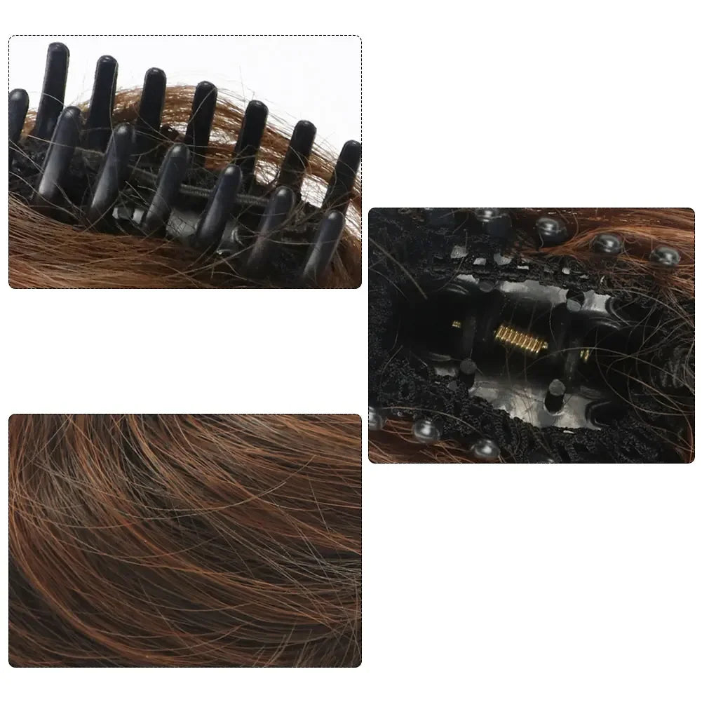 Girls Curly Scrunchie Chignon Band Brown Black Synthetic Hair Ring Wrap On Messy Bun Ponytails Straight Hair Tie