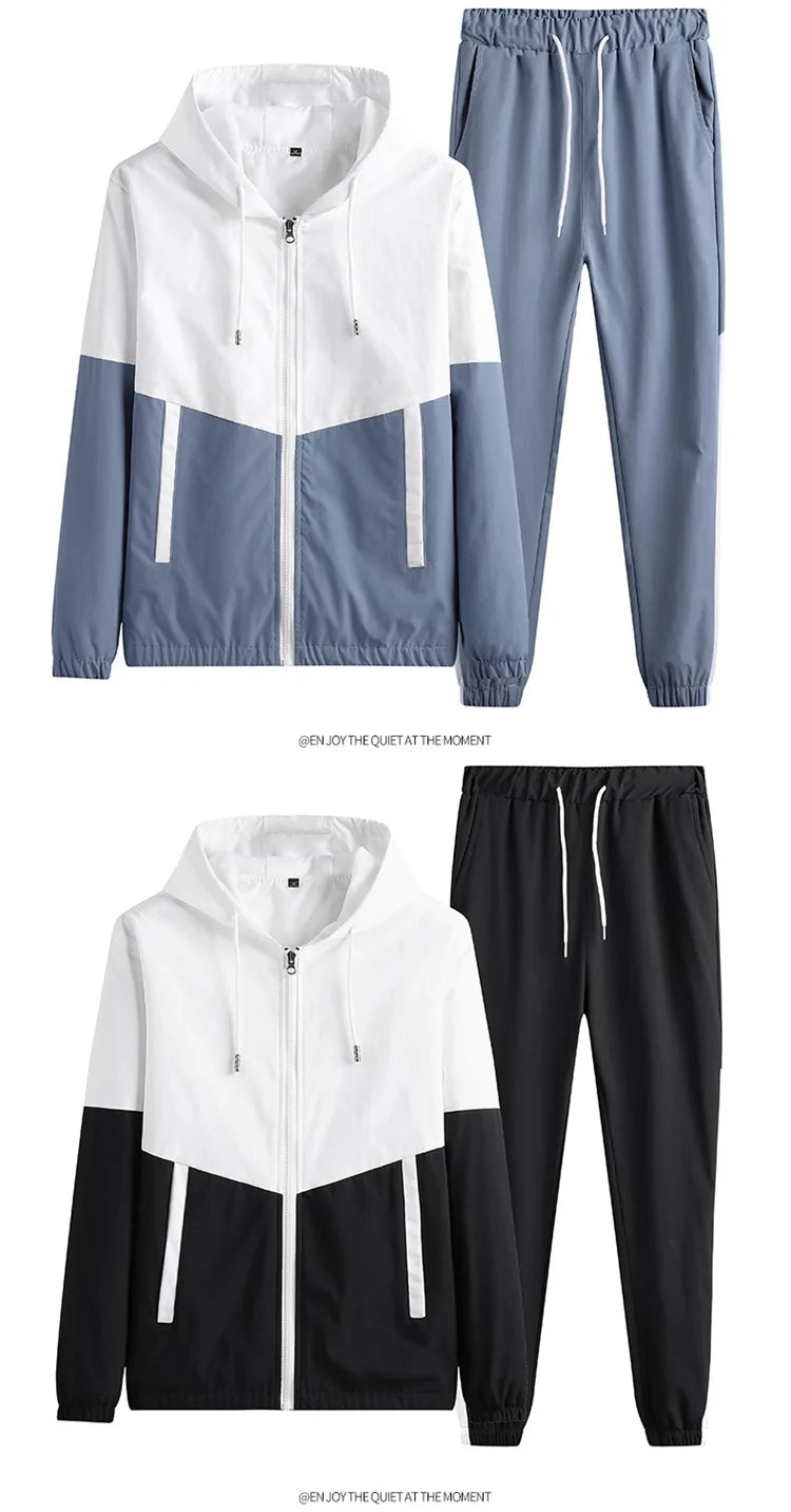 2026 New Men's Casual Sets Men Tracksuit Oversized Trend Patchwork Design Hooded Jacket+pants Two-pieces Men Running Sports Suit