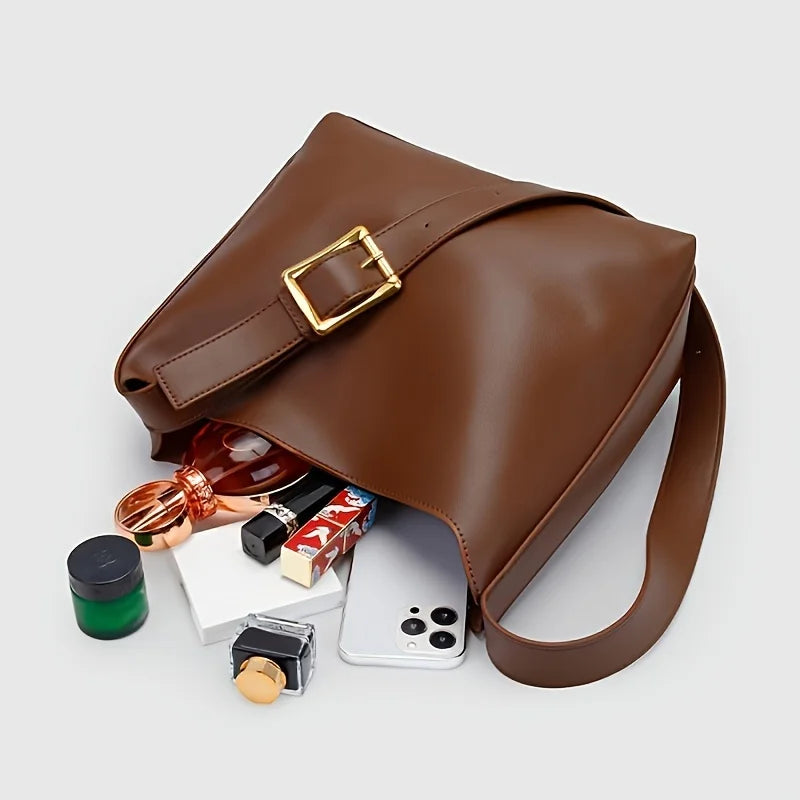 Women's Fashion Tote Bag, Minimalist Shoulder Handbag, Retro Faux Leather Bucket Bag, Polyurethane Lining, No Print
