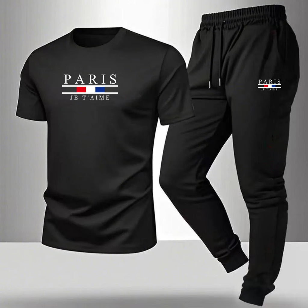 Men's casual sports outfit, printed round-neck short-sleeved T-shirt and long pants, suitable for outdoor wear.