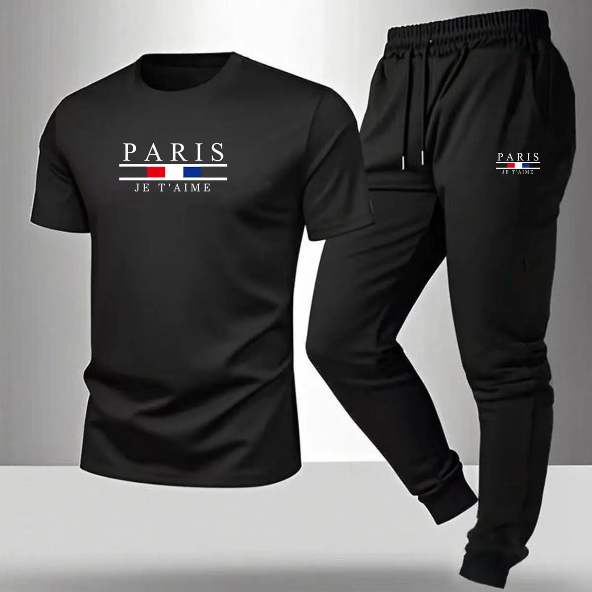 Men's casual sports outfit, printed round-neck short-sleeved T-shirt and long pants, suitable for outdoor wear.