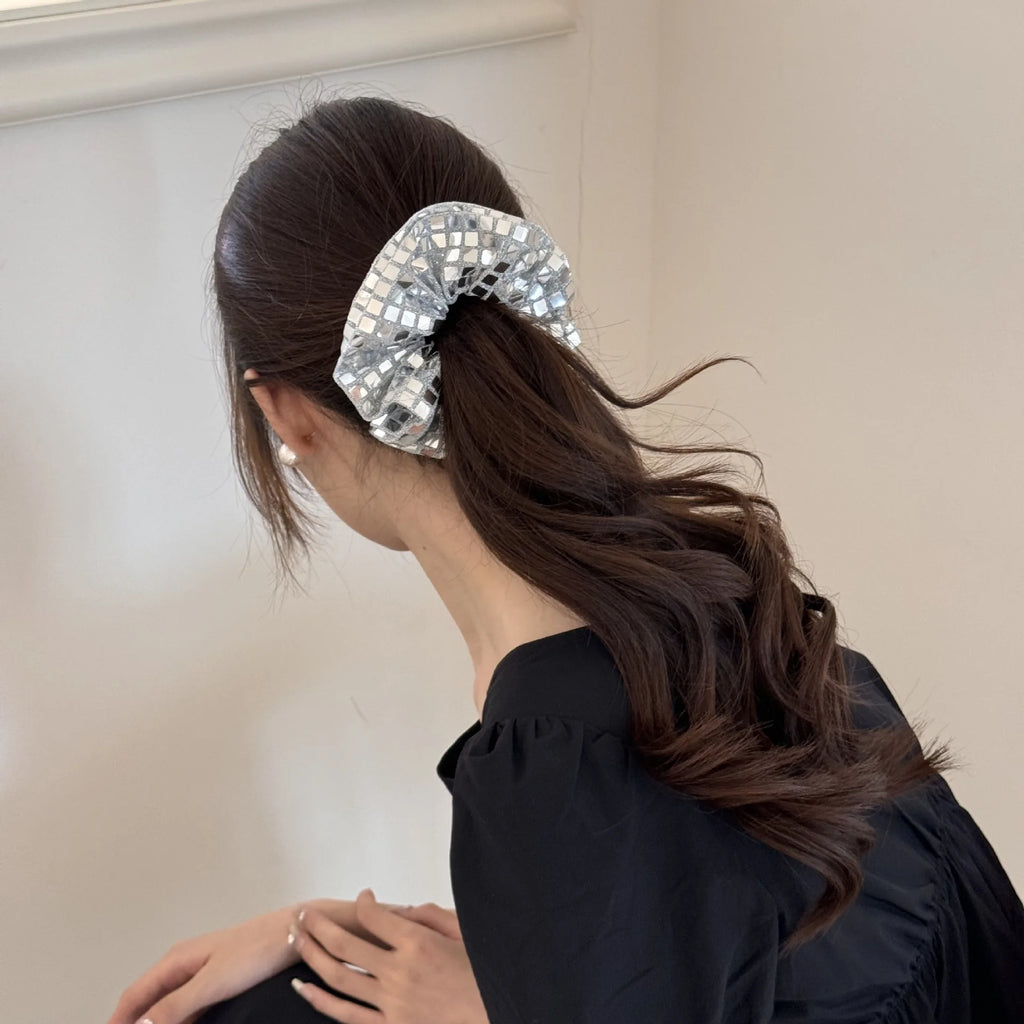 K-style Vintage Glitter Silver Scrunchies Sparkly Hair Ties for Women Chunky Sequin Ponytail Holder Party Elastic Hair Bands