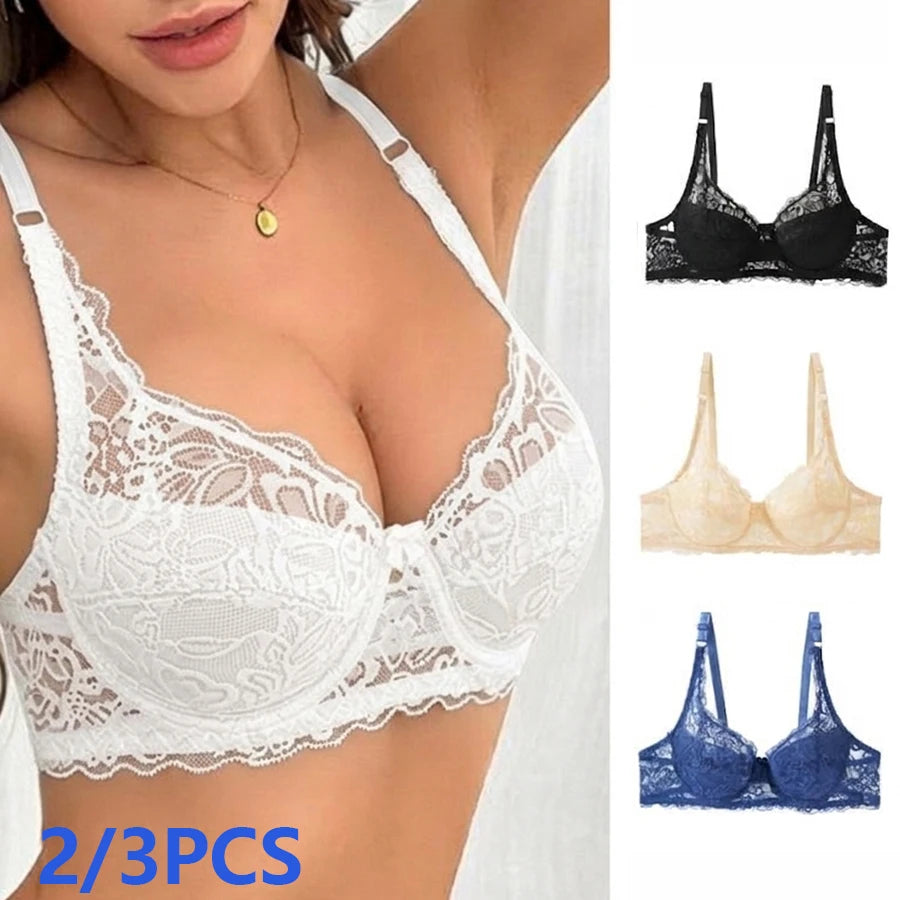 2/3 PCS Lace Push Up Bras 32-40 B/C Cup Women's Bras Plus Size Embroidery Breathable Underwear Female Sexy Thin Bralette