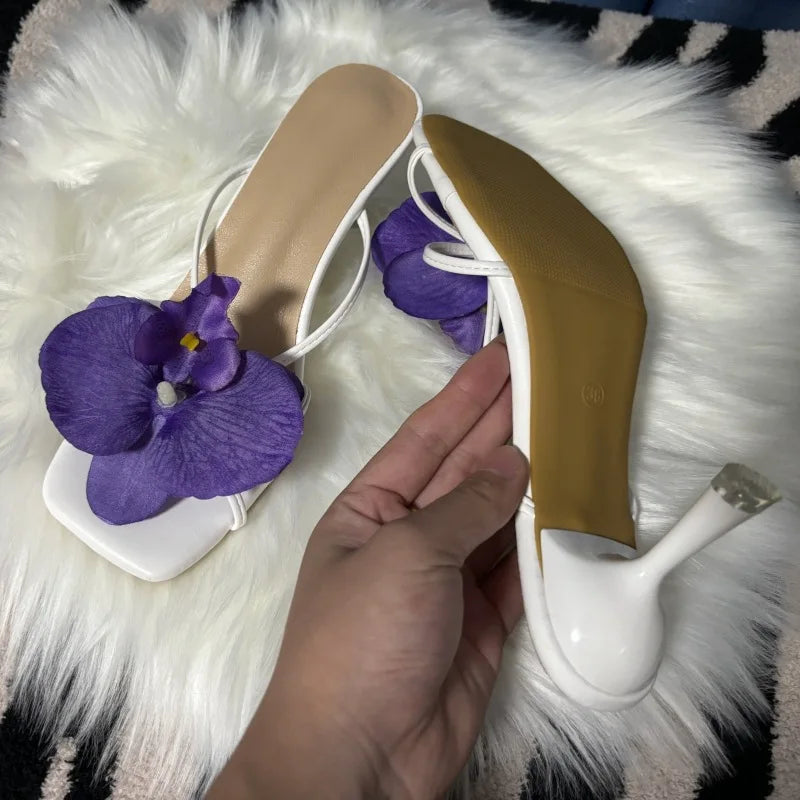 Orchid Flower Summer New High Heeled Women White Pink Blue Purple Floral Heels Square Toe Prom Slipper Slingback Shoes for Women