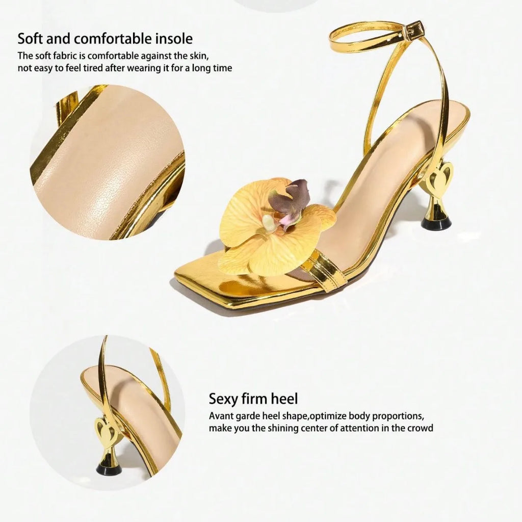 Women's Decorative Orchid Cross Band Ankle Strap Sandals Open Toe Square Head Thin Heel Clogs Fashionable Summer Shoes