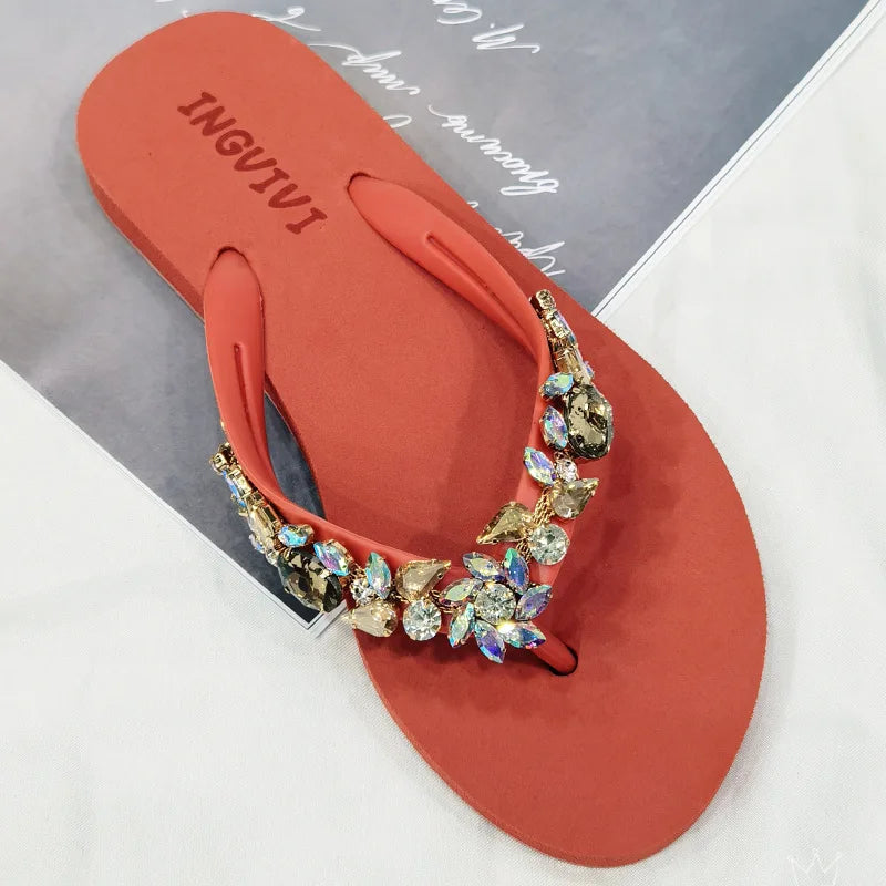 Slippers Women Glitter Flip Flops Summer 2024 Fashion Outdoor Rhinestone Chain Wedge Beach Slippers Jelly Hawaiian Flat Sandals
