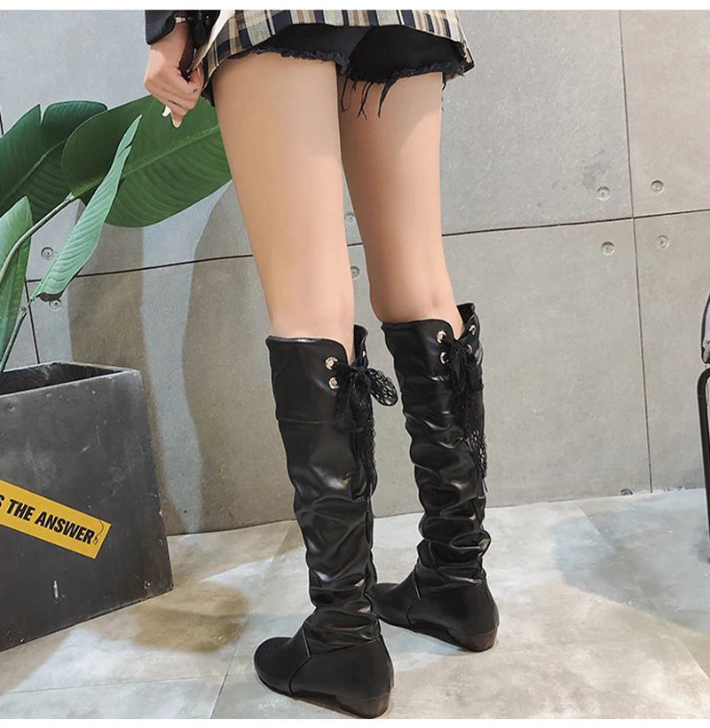 Shoes For Women  Knee High Boots Red Black White Tall Boots Woman Pleated Low Heel Casual Leather Female Long Shoes 2024