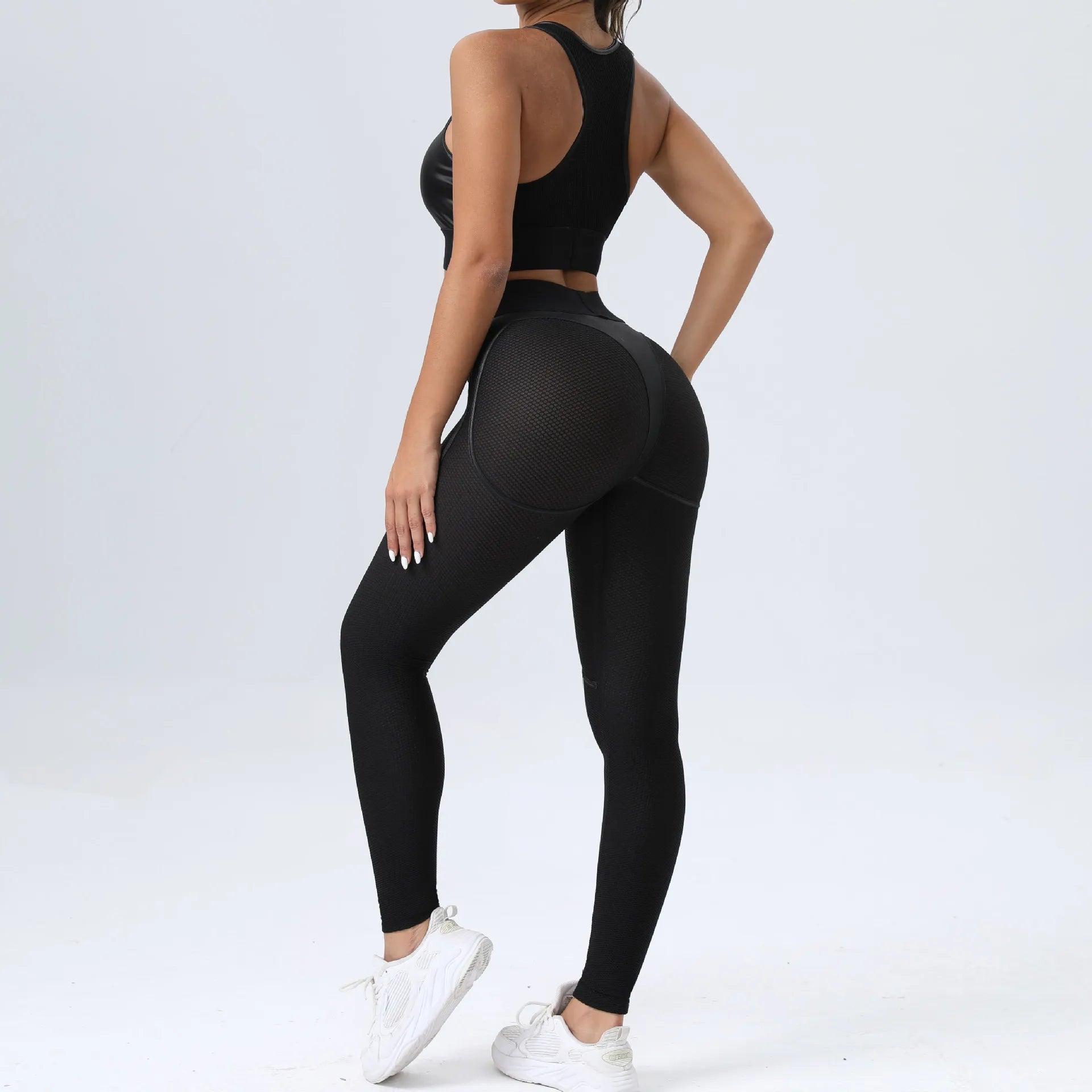 Mesh Gym Set Woman Sportswear Sexy Transparent Sports Suit for Fitness Sport Outfit Honeycomb Yoga Clothes Pink Black Orange