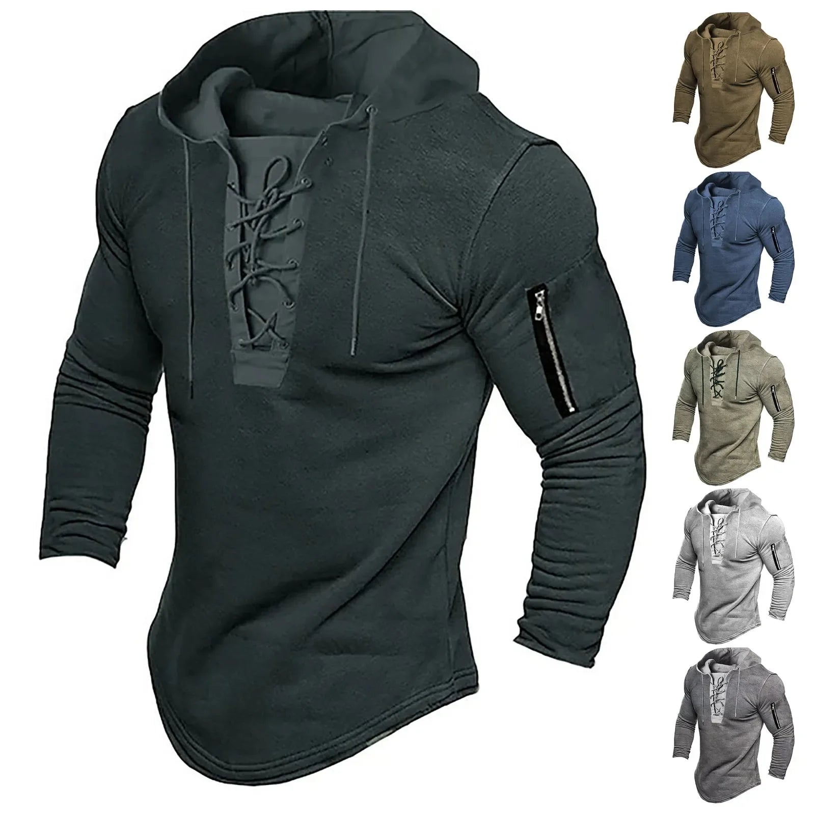 Men Pullover Hooded Sweatshirt Solid Color Lace Up Sports Casual Hoodies Spring Autumn Clothing American Retro Mens Sweatshirt