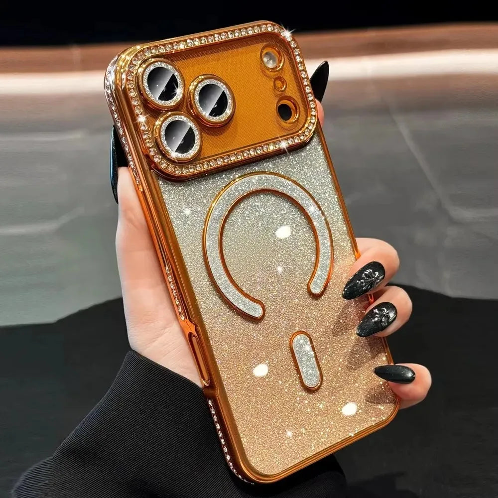 Plating Glitter Diamond Rhinestone Magnetic Wireless Charging Case for IPhone 17 Air 16 15 14 13 12 Pro Max Soft Silicone Cover