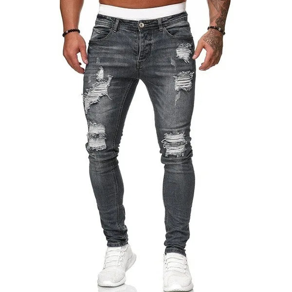 Men Jeans Knee Hole Ripped Stretch Skinny Denim Pants Solid Color Black Blue Autumn Summer Hip-Hop Style Slim Fit Trousers S-4XL
