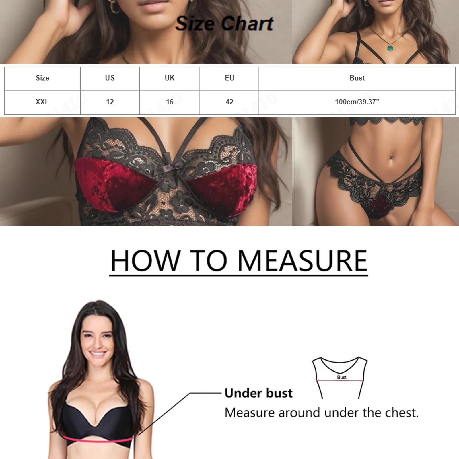 Women Sexy Plus Size Bra Lingerie Set Sleep Lace Patchwork Red Velvet Scallop Trim Strappy Underwear Set комплект женского белья