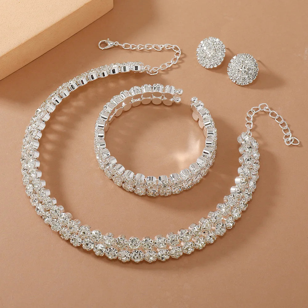 Light Luxury Double Layer Choker Necklace for Women Full Rhinestone Cuff Bracelet Stud Earring Braidal Wedding Party Jewelry Set