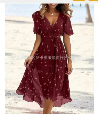 Elegant Floral Print Boho Party Dress Summer V Neck Short Sleeve Knee Length Vestidos BKLFZ-1616
