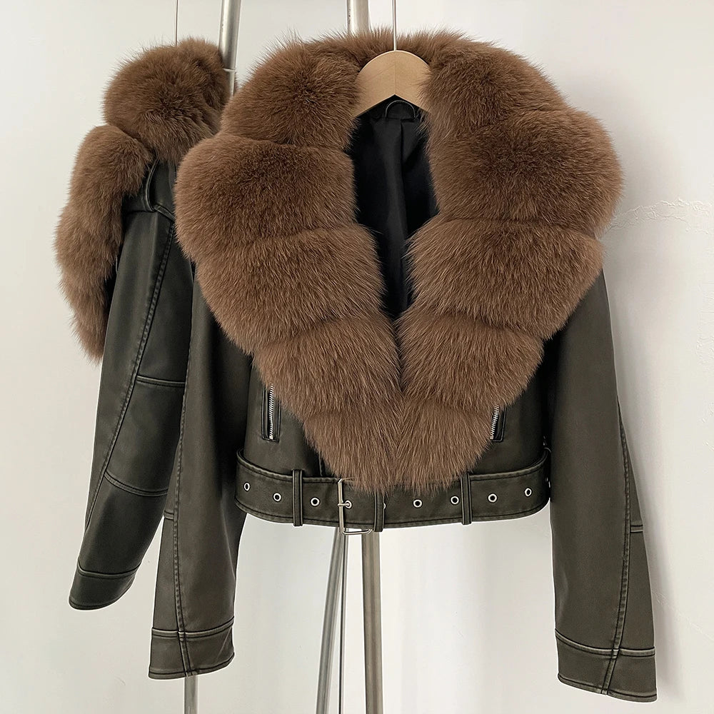 Elegant Faux Leather Jacket Female New Natural Fox Fur Autumn Short Top Clothing PU Women Long Sleeve Fake Leather Real Fur Coat
