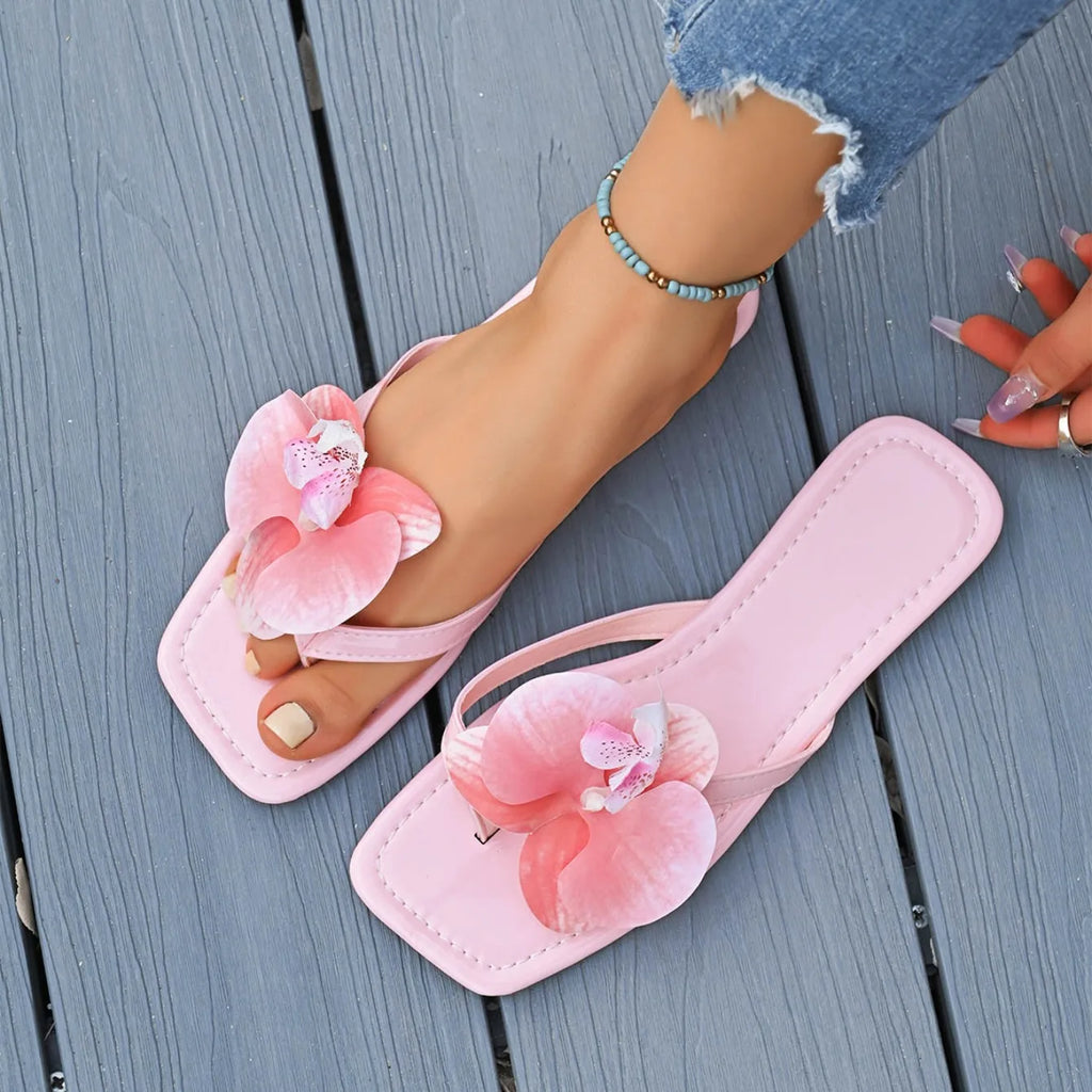 Flip Flops Women Slippers 2025 Square Toe Flat Sandals Outdoor Casual Slippers Women Fashion Flowers Shoes Ladies Slides Women