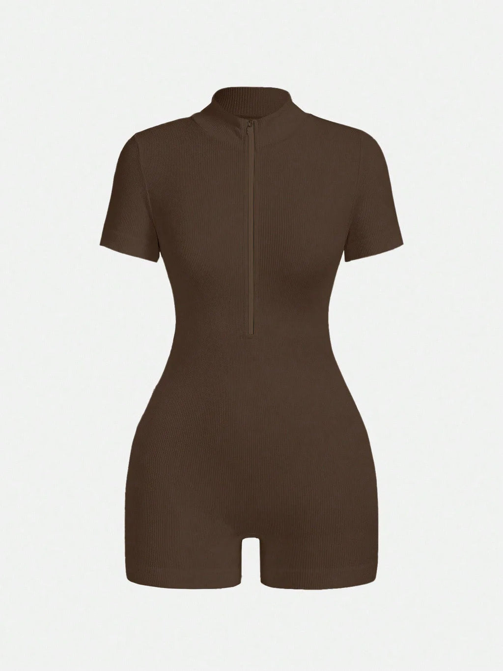 Women's Solid Color Half Zip Ribbed Knit Short Sleeve Romper Sports Soft Slim Fit Mock Neck Jumpsuit Streetwear 2025 Summer