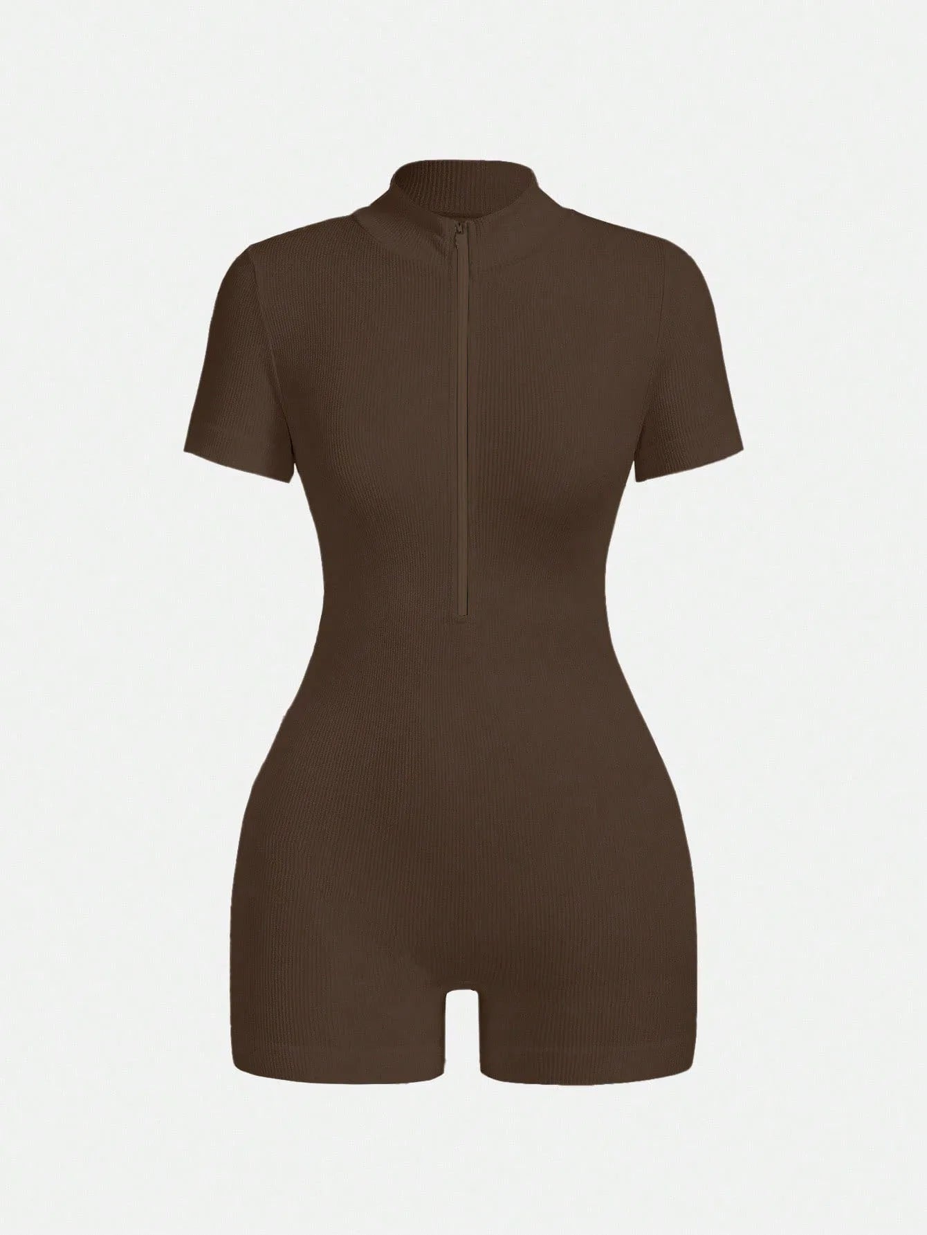 Women's Solid Color Half Zip Ribbed Knit Short Sleeve Romper Sports Soft Slim Fit Mock Neck Jumpsuit Streetwear 2025 Summer