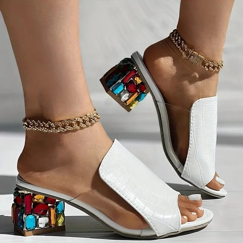 Women Crystal Sandals 2026 New Spring Summer Open Toe Sandals Square Heels Beach Fashion Sandals Women Sandalias De Mujer