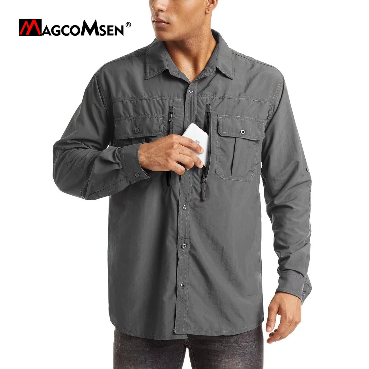 MAGCOMSEN Men UPF 50+ Safari Cargo Shirt Quick Dry Mesh Breathable Long Sleeve Zip Pockets Outdoor Hiking Fishing Work Tops