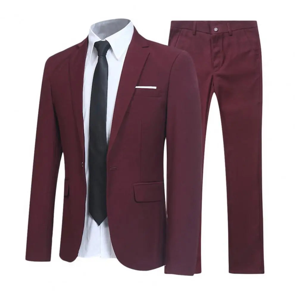 1 Set Men Jacket Pants Solid Color Turndown Collar Slim Fit Business Suit Set Groom Trousers for Wedding Office