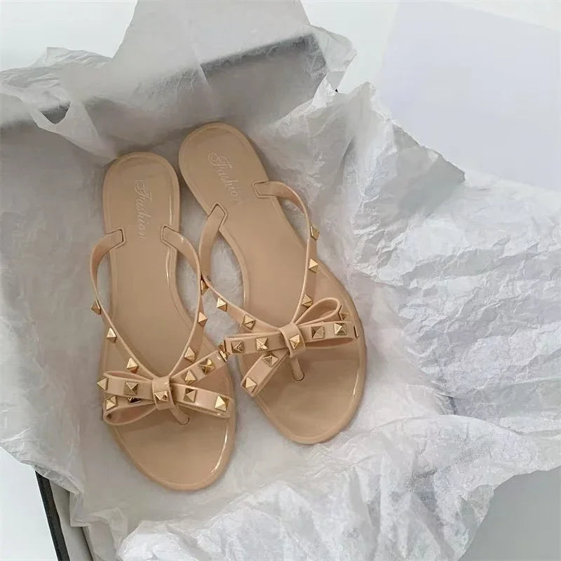 Summer Women Slippers Bow Flip Flops Rivet Flats Sandals Outdoor Transparent Crystal Beach Shoes Female Open Toe Shoes