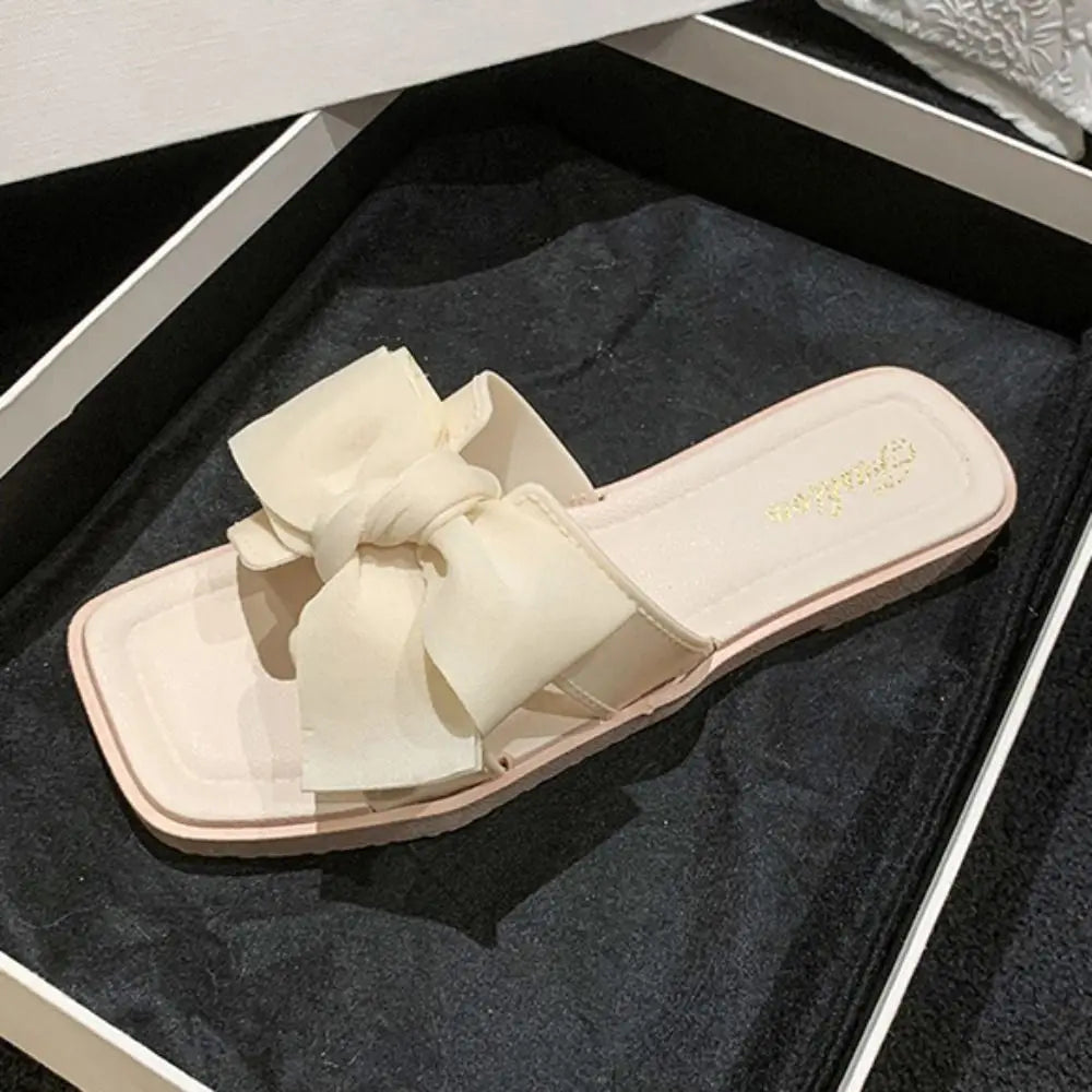 Elegant Soft Sole Bowknot Slippers Anti Slip PVC Flat Slides Sandals Beachwear Sweet Slippers Women Ladies