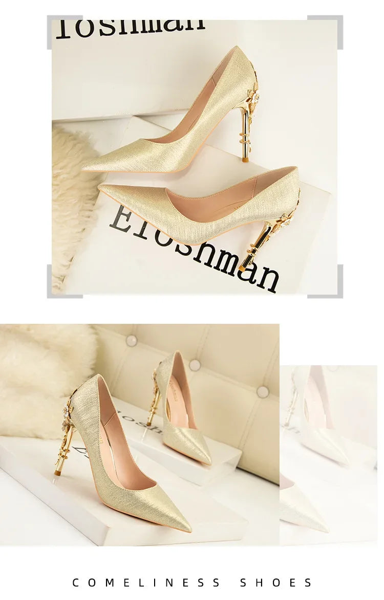 High End Metal Flower High Heels New European American Fashion Luxury Sexy Pointed Women's Shoes Banquet Party Casual Shoes