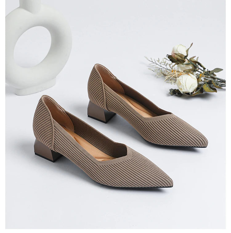 2026 New Women's High Heels Large 42/43 Fashion Pointed Anti slip Rubber Bottom Knitted Breathable Shoes