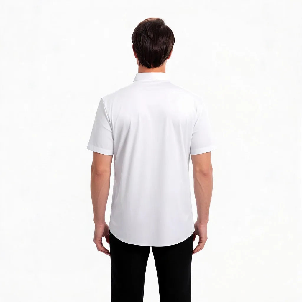 Men's Summer Business Shirt Short Sleeve Stretch Fabric Black Without Pocket Slim Fit Male Social Dress Shirt High Quality 5XL