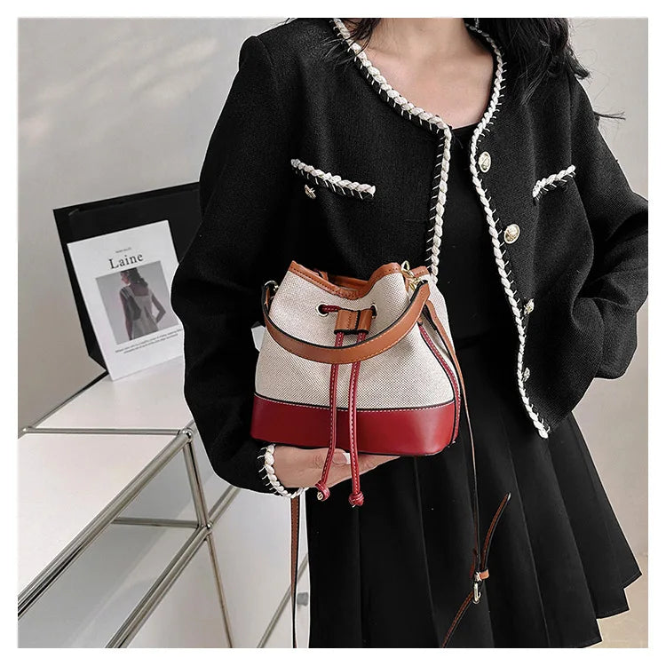 Canvas Bucket Bag Luxury Designer Handbags Women PU Shoulder Bag Fashion Crossbody Daily Commuting Tote Bag