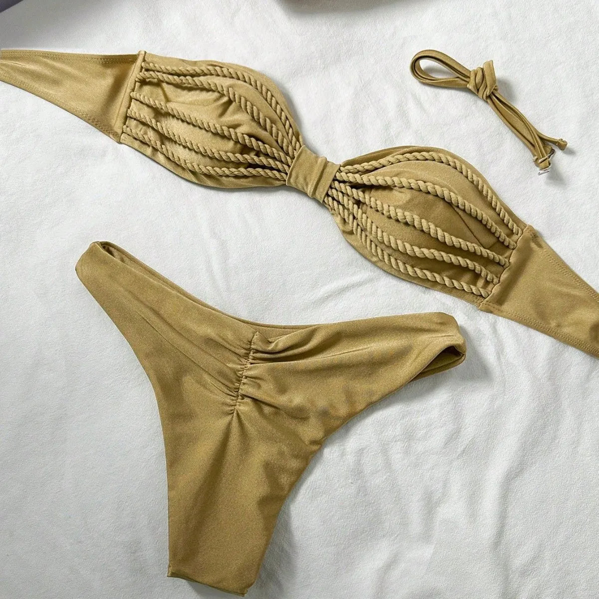 Sexy Bandeau Bikini 2026 Women Coffee Braiding Rope Pleate Tie Push Up High Waist Swimsuit Beach Holiday Bathing Suit Swimwear