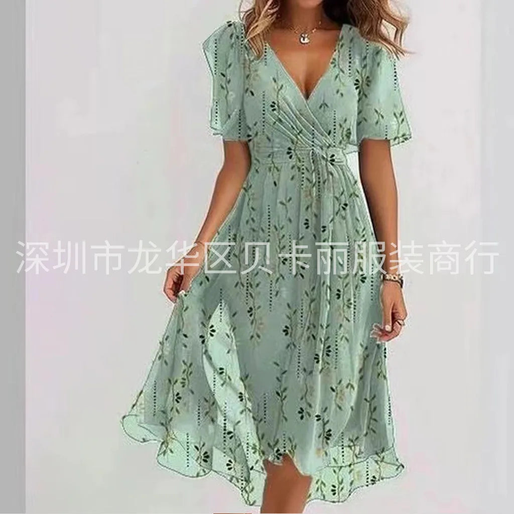 Elegant Floral Print Boho Party Dress Summer V Neck Short Sleeve Knee Length Vestidos BKLFZ-1616