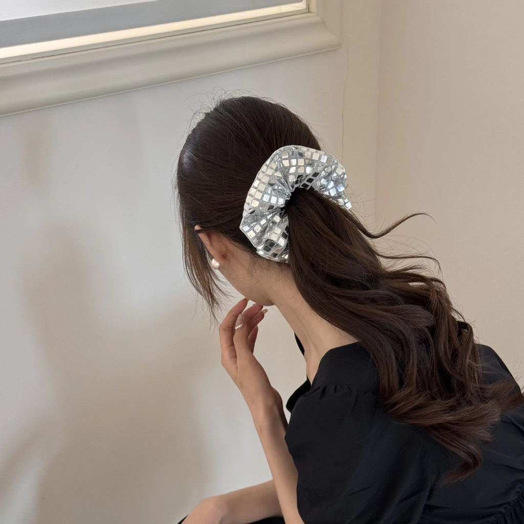 K-style Vintage Glitter Silver Scrunchies Sparkly Hair Ties for Women Chunky Sequin Ponytail Holder Party Elastic Hair Bands