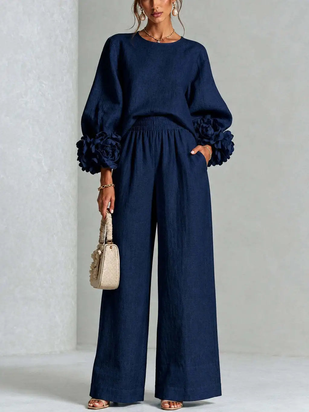 Women 2 Piece Outfit O Neck Puff Long Sleeve Top 3D Floral + Elastic Waist Wide Leg Pants Set Autumn Elegant Casual Office Suit
