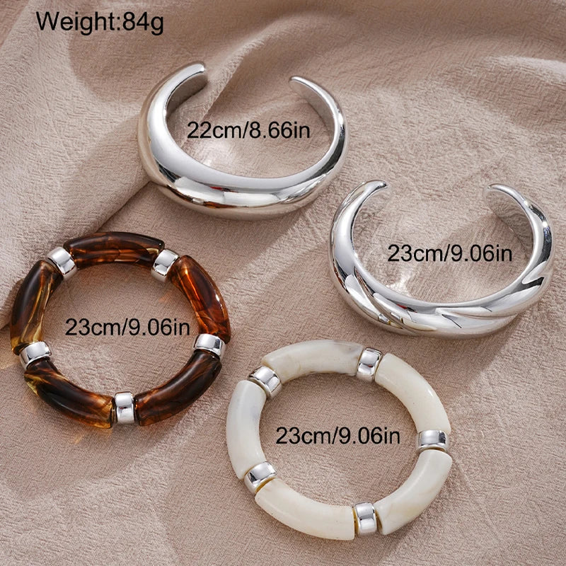 4 Pcs Exaggeration Irregular Geometric Wide Metal Bangles Women Acrylic Punk Chunky Cuff Elasticity Bracelets Minimalist Jewelry