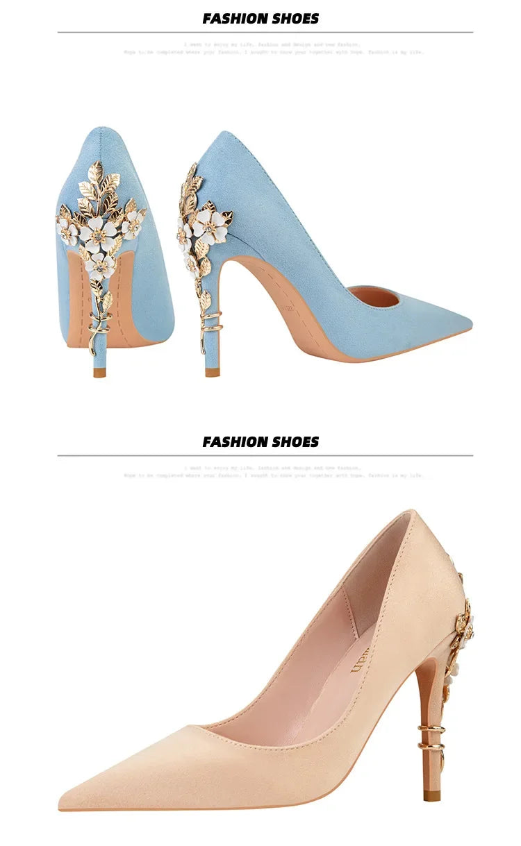 High End Metal Flower High Heels New European American Fashion Luxury Sexy Pointed Women's Shoes Banquet Party Casual Shoes