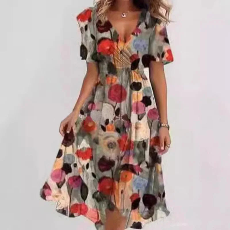 Elegant Floral Print Boho Party Dress Summer V Neck Short Sleeve Knee Length Vestidos BKLFZ-1616